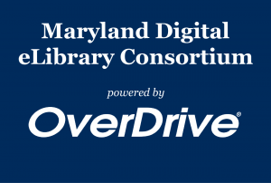 White text on a dark blue background reads "Maryland Digital eLibrary Consortium powered by OverDrive" in bold and italicized fonts.