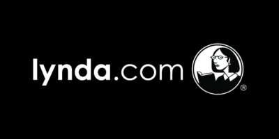 Logo of Lynda.com featuring the name in lowercase white text on black and an illustration of a woman reading a book in a circular frame.