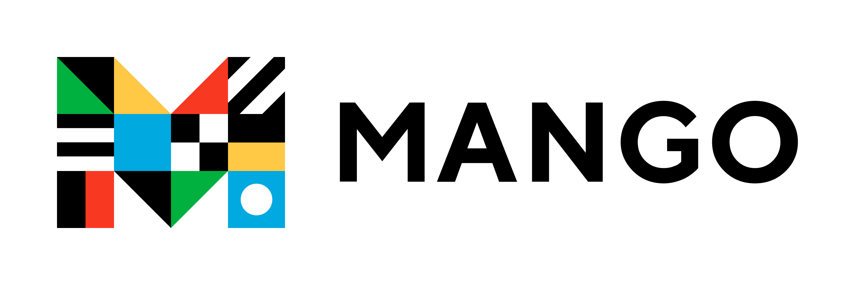 A colorful geometric design on the left features triangles, squares, and stripes against a black background, creating a modern, abstract composition.