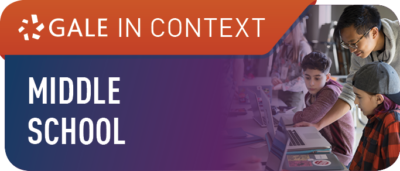 Gale in Context: Middle School banner with an orange and purple gradient. A teacher assists two students working on laptops, conveying a collaborative learning environment