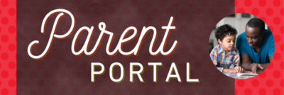 Parent Portal banner with elegant white script on a maroon background, featuring a small photo of a parent and child reading a book together