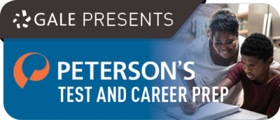 Banner for Gale Presents: Peterson's Test and Career Prep, featuring a supportive adult helping a focused teen with study materials.
