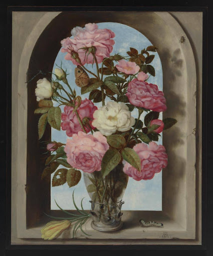 Ambrosius Bosschaert the Elder, Still Life with Roses in a Glass Vase (1619)