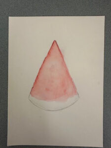 Step 3 Using a wet brush, paint the top of your watermelon either a pink or red color. You can put the color on one side of your picture, then using a wet brush, pull only the color to the rest of the watermelon slice. You can leave a little white in the pink/red area to act as shading.