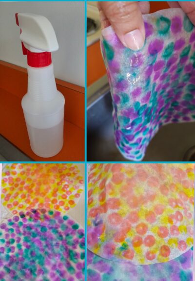 Step Two: Take your spray bottle and spray a few spritz on your coffee filters until you see the colors bleed/mix.