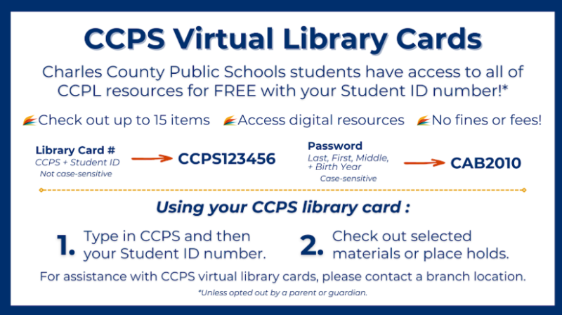 CCPS Virtual Library Cards information. Students use ID for free access to CCPL resources. Borrow limits and password format shown. No fines.