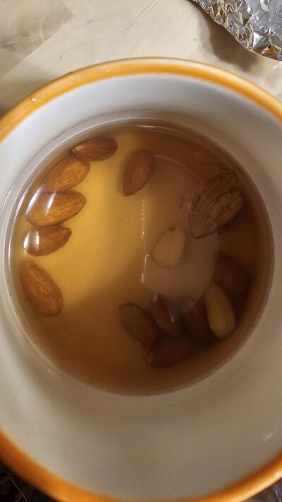 A handful of mixed, blanched almonds & pistachios