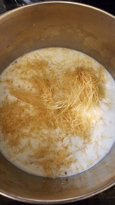 Step Four: Slowly add your milk. You will hear sizzling sounds as milk and oil do not mix. Keep stirring for 2-3 minutes on low heat. Then, turn the stove to medium heat and stir for about 5-7 minutes.