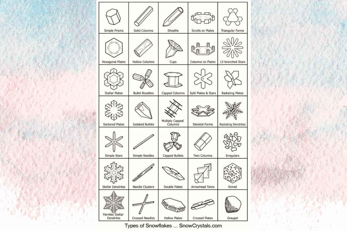 Below are the 35 different snowflake shapes, courtesy of SnowCrystals.com