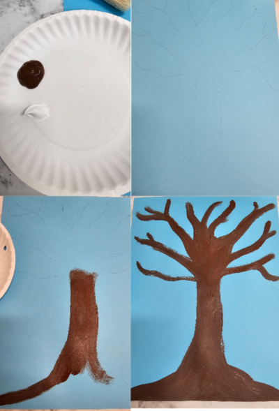 Dip your paint brush in brown paint and start tracing your tree. 