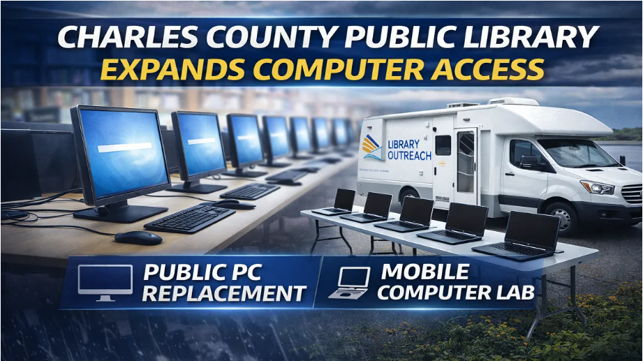 The Charles County Public Library (CCPL) is advancing digital equity across Southern Maryland by replacing all public access computers systemwide and deploying a new Mobile Computer Lab to deliver technology directly to underserved residents.