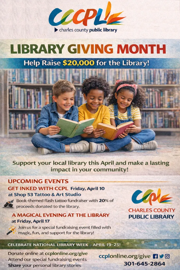 Children sit on the floor reading books in a library, smiling. Text promotes Library Giving Month, aims to raise $20,000, and lists upcoming events.