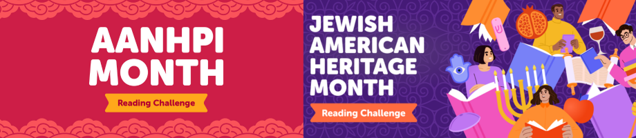 Split banner celebrating AANHPI Month and Jewish American Heritage Month with "Reading Challenge" labels. Left: Red with clouds. Right: Purple with diverse figures, menorah, books, and food, conveying cultural pride and learning.