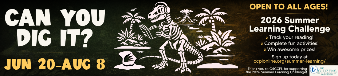 Summer Learning Challenge banner with a dinosaur holding a book amid tropical plants. Text reads 'Can You Dig It? Jun 20-Aug 8. Open to all ages!' Emphasizes reading, activities, and prizes.
