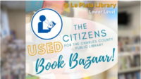 Used Book Bazaar advertisement at La Plata Library, lower level. Includes graphic of a person reading, colorful background of bookshelves.