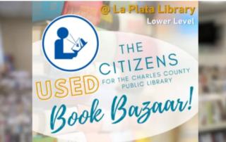 Used Book Bazaar advertisement at La Plata Library, lower level. Includes graphic of a person reading, colorful background of bookshelves.