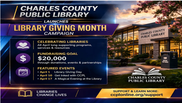 ChatGPT promotional image for Library Giving Month campaign, highlighting a $20,000 fundraising goal, events, and support links