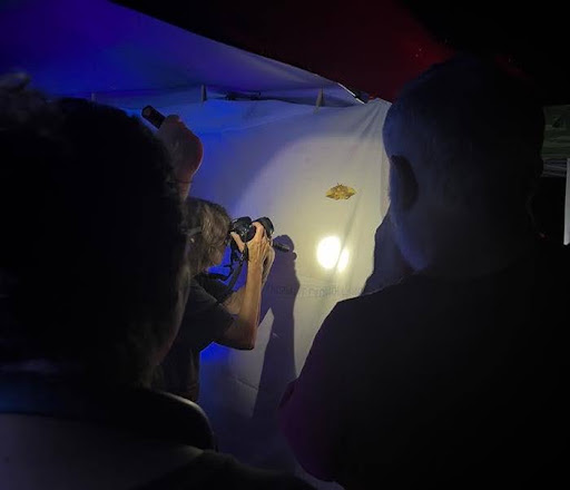 A group of people observes as one person photographs a yellow moth on a white sheet, illuminated by a flashlight, in a dimly lit setting during National Moth Week at the Potomac Branch Library. Credit: National Moth Week