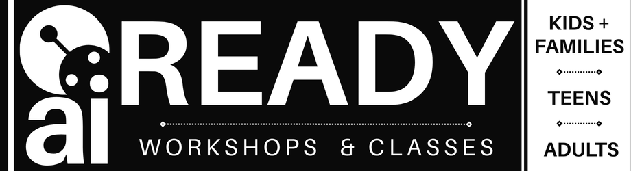 Graphic promoting "AI Ready Workshops & Classes" in black and white, featuring categories for kids, teens, and adults.