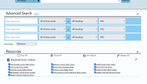 Screenshot of an Advanced Search page with search fields, AND dropdowns, sort order set to Relevance, and a Resources section listing checkboxes for Maryland library catalogs.