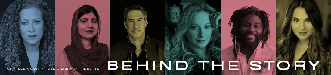 A promotional banner for Charles County Public Library featuring six portraits of diverse authors set against alternating blue, red, and gold panels. Text reads: Charles County Public Library; Behind the Story.