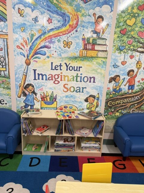 The new children’s reading area at the Charles County Department of Social Services in La Plata provides books young visitors can enjoy during their visit and take home. Photo credit: Charles County Public Library