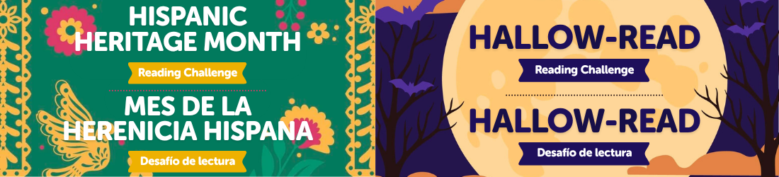 A split banner showing a green Hispanic Heritage Month reading challenge on the left and a purple Hallow-Read reading challenge on the right side.