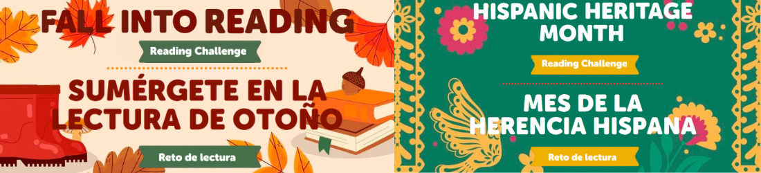 Two-panel bilingual reading challenge banner featuring fall-themed artwork on the left and Hispanic Heritage Month floral artwork on the right.