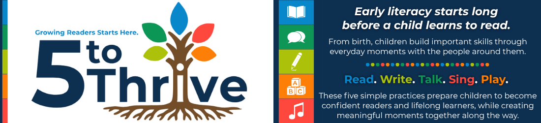 Banner promoting five early-literacy practices, featuring a colorful tree logo and the words “Read. Write. Talk. Sing. Play.